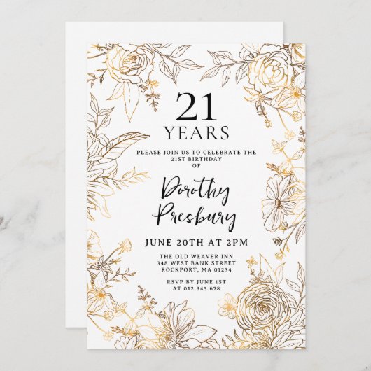 Gouden Witte Bloemen 21e Verjaardag Uitnodiging (Voorkant / Achterkant)