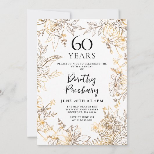 Gouden Witte Bloemen 60ste Verjaardag Uitnodiging (Voorkant)