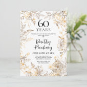 Gouden Witte Bloemen 60ste Verjaardag Uitnodiging (Staand voorkant)