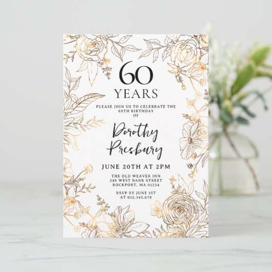 Gouden Witte Bloemen 60ste Verjaardag Uitnodiging (Staand voorkant)