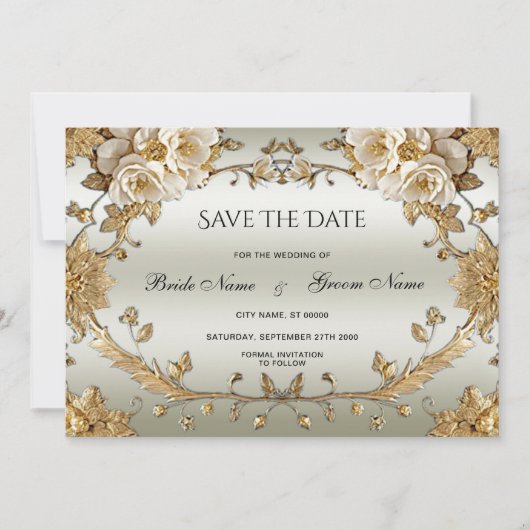 Gouden witte bloemen redden de datum save the date (Voorkant)