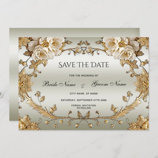 Gouden witte bloemen redden de datum save the date (Voorkant / Achterkant)