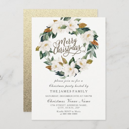 Gouden & Witte Bloemenenkrans Kerstfeest Kaart (Voorkant / Achterkant)