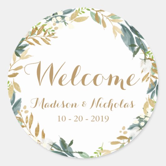 Gouden Witte Bloemkrans Bruiloft Welkom Stickers (Voorkant)