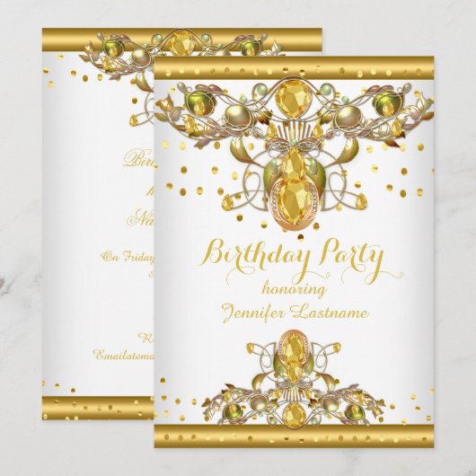 Gouden Witte Gejewelde Verjaardagsfeest Uitnodigin Kaart (Voorkant / Achterkant)