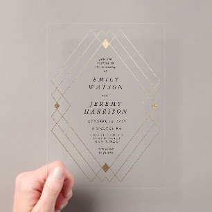 Gouden Witte Geometrische Deco Gatsby Bruiloft Acryl Uitnodigingen