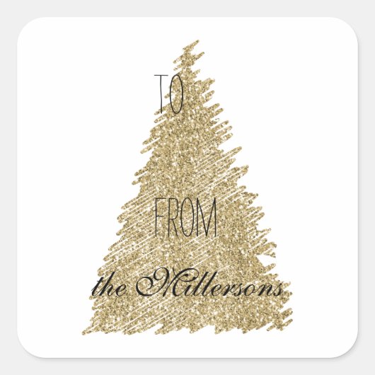 Gouden Witte Glitter Kerstboom Vierkante Sticker (Voorkant)
