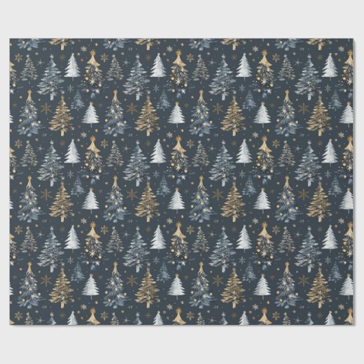 Gouden & witte kerstbomen op zwarte achtergrond cadeaupapier (Vlak)