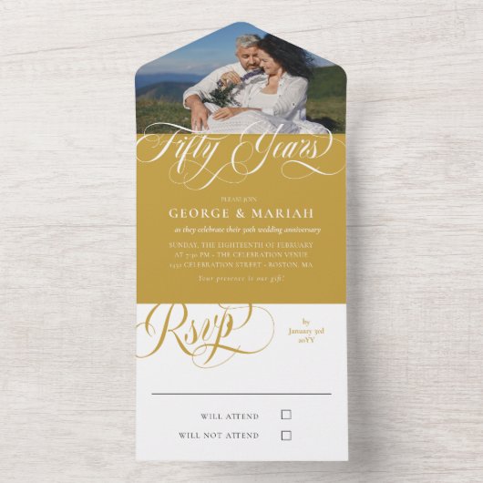 Gouden Witte Krullen Foto 50ste Huwelijksverjaarda All In One Uitnodiging (Binnen)