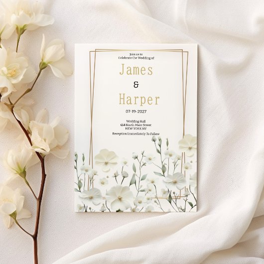 Gouden witte munt delicate bloemenbruiloft kaart