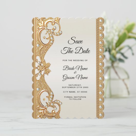 Gouden  witte parels Bewaar de datum Save The Date (Staand voorkant)