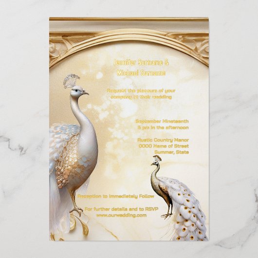 Gouden witte pauw art nouveau elegant echt folie uitnodiging (Voorkant)