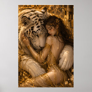 Gouden Witte Tijger Omhelzing Fantasie Kunst Poster