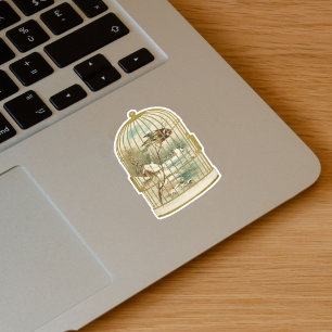 Gouden Witte Vogelkooi Met Vogel Op Tak Cabine Sne Sticker