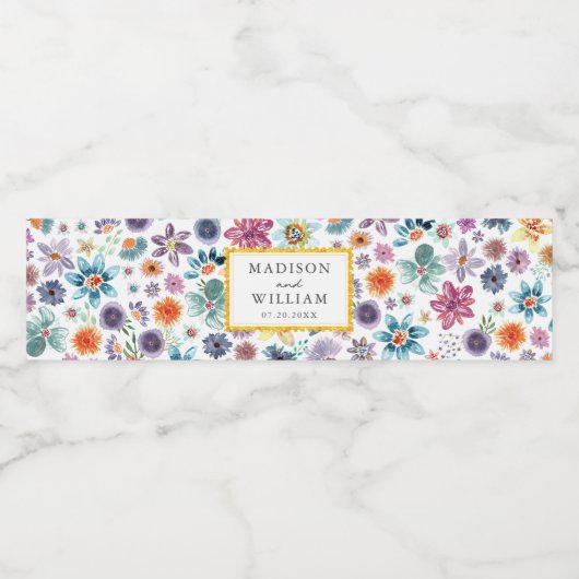 Gouden Witte Wildflower Waterverf Spring Botanical Waterfles Etiket (Enkel label)