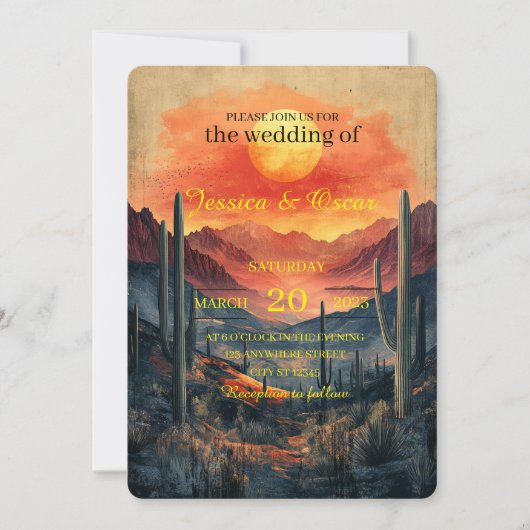 Gouden woestijnlandschap met gesilhouetten cactuss kaart (Voorkant)