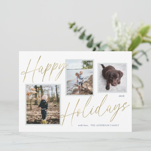 Gouden Zalige Feestdagen Script 3 Foto Kerstkaart (Staand voorkant)