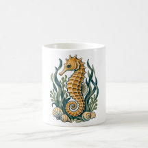 Gouden zeepaard met zeegras en schelpen