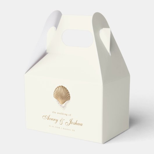 Gouden Zeeschelp Custom Destination Coastal Weddin Bedankdoosjes (Voorkant Zijde)