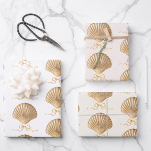 Gouden Zeeschelp met Coquette Bow Kerstcadeau Inpakpapier Vel