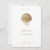 Gouden Zeeschelp & Parels QR Code Kustbruiloft Save The Date (Voorkant)