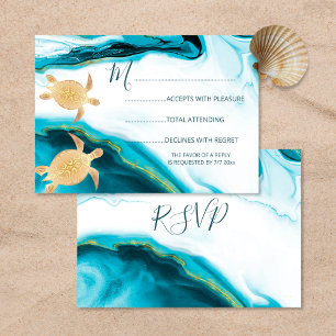 Gouden Zeeschildpadden Turquoise Bruiloft op het S RSVP Kaartje