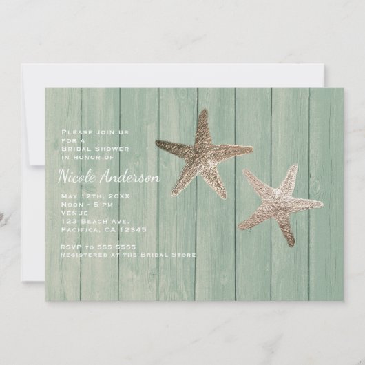 Gouden Zeester & Hout Elegante Strand Uitnodiginge Kaart (Voorkant)