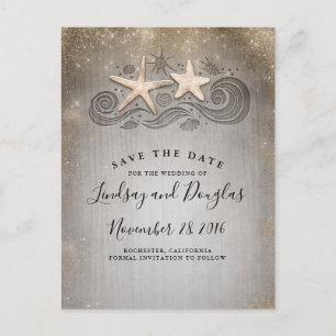 Gouden Zeester Paar Strand Tropisch Save the Date Aankondigingskaart