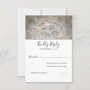 Gouden zeesterren strand bruiloft RSVP Kaartje