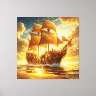 Gouden Zeilschip op Zonsondergangszee Canvas Afdruk