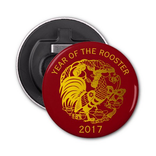 Gouden Zodiac 2017 Rooster jaar flesopener Button Flesopener (Voorkant)