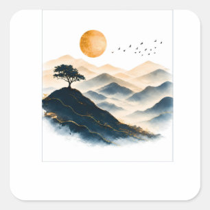 Gouden Zon Bergen Landschap Vierkante Sticker