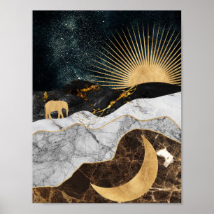 Gouden Zon en Maan met Olifant in Marmeren Kosmos Poster