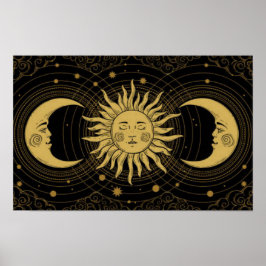 Gouden Zon-Maan op Midnight Black Celestial Poster