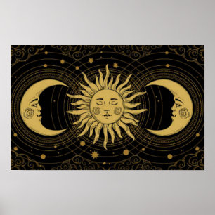 Gouden Zon-Maan op Midnight Black Celestial Poster
