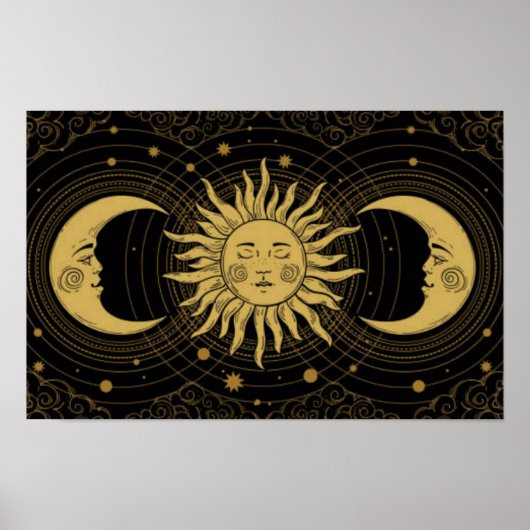 Gouden Zon-Maan op Midnight Black Celestial Poster (Voorkant)