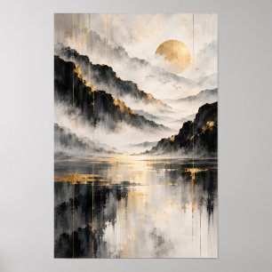 Gouden Zon Nevelige Berg Abstracte Wandkunst Poster