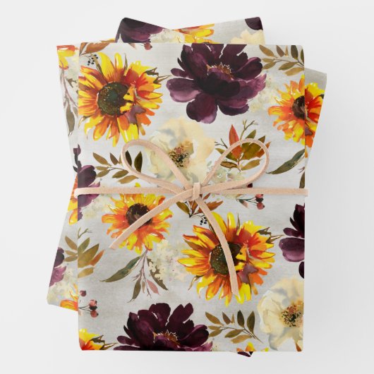 Gouden zonnebloemen en wijnbloemen inpakpapier vel (In situ)