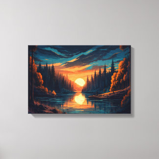 Gouden Zonsondergang Bos Rivier Canvas Muurkunst Afdruk