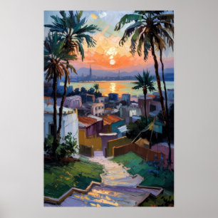 Gouden zonsondergang boven de kuststad poster