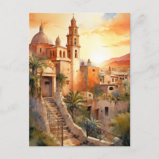 Gouden zonsondergang boven een koloniaal Mexicaans Feestdagenkaart