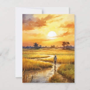 Gouden Zonsondergang Boven Landelijke Rijstvelden Briefkaart