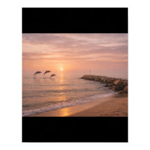 Gouden Zonsondergang Dolfijnen Strand Canvas Muur