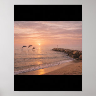 Gouden Zonsondergang Dolfijnen Strand Canvas Muur Poster