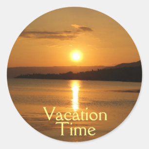 Gouden zonsondergang   Gele "Vakantie tijd" typogr Ronde Sticker