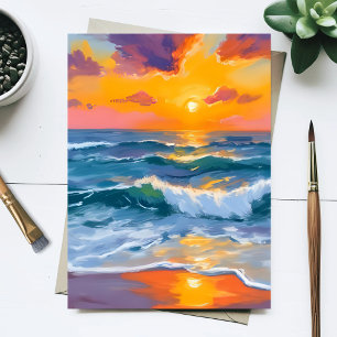 Gouden Zonsondergang Golven Aquarel Schilderij Briefkaart