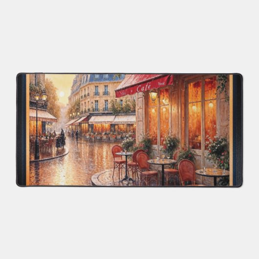 Gouden zonsondergang licht op een regenachtig stad bureaumat (Voorkant)