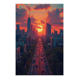 Gouden Zonsonderganglaan – Stedelijk Silhouet Post Perfect Poster