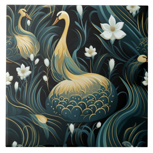 Gouden zwanen, witte bloemen, Chinese kunstinvloed Tegeltje (Voorkant)