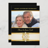 Gouden Zwarte 50e Verjaardag Monogram Uitnodiginge Kaart (Voorkant / Achterkant)
